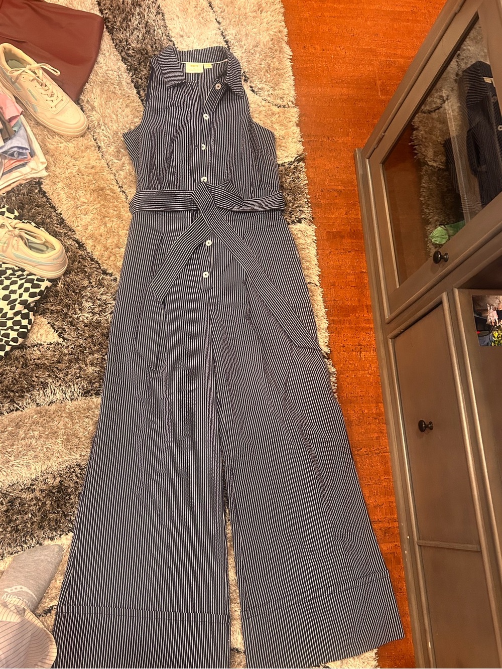 Sleeveless Navy Stripe Wide-Leg Jumpsuit with Tie Waist